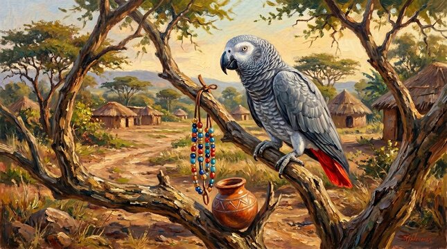 Oil painting of parrot, owl, to show black magic 