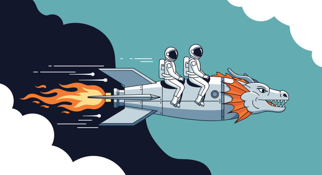 Two astronauts in white space suits riding a silver rocket with a dragon head as it flies through space near a cloud.
