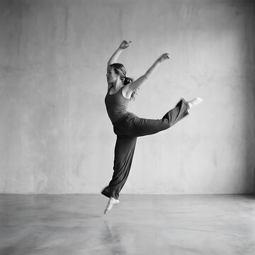 Black and white of a contemporary dancer performing a dynamic leap in a studio with a concrete wall and polished floor surface