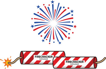 Obraz premium Firecracker with fireworks burst and stars graphic on a white background silhouette