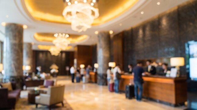 Elegant blurred luxury hotel lobby with guests checking in at reception desks