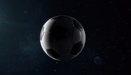 Fototapeta premium Black and white soccer ball floating in deep space galaxy with universe football floating astronomy abstract background creative dramatic equipment competition infinite starlight adventure