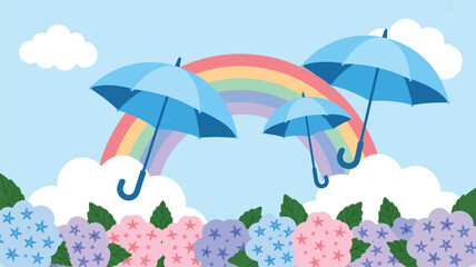 Fototapeta premium A whimsical digital illustration depicting a cheerful spring scene with a vibrant rainbow, fluffy clouds, blue umbrellas, and colorful hydrangeas.