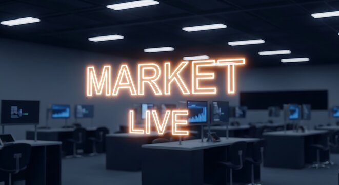 Neon Market Live Sign in Trading Floor Office