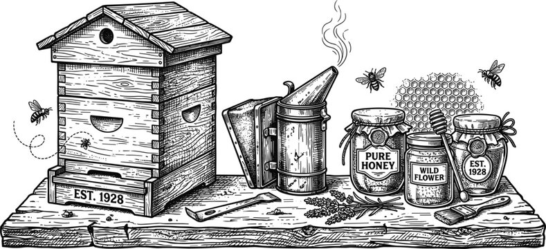 Vintage beekeeping apiary with beehive smoker and honey jars illustrationVintage beekeeping apiary with beehive smoker and honey jars illustration