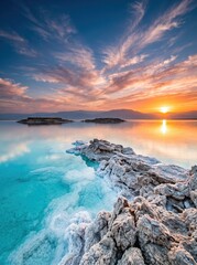 Obraz premium Dramatic sunset over salt formations in the Dead Sea, turquoise water with white mineral deposits, majestic desert landscape at golden hour