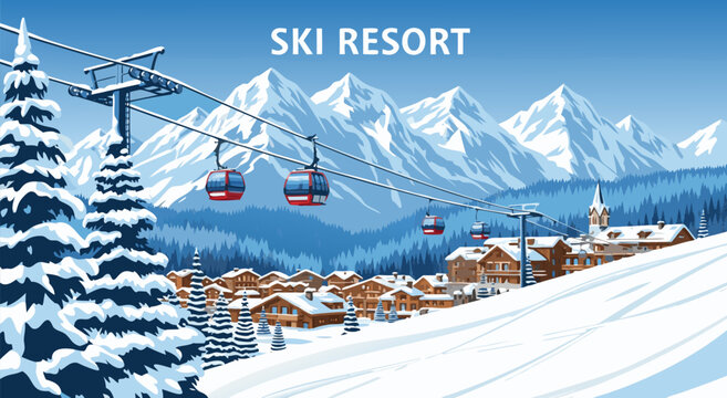 Winter Ski Resort Landscape Vector Illustration Design for Outdoor Holiday Vacation Activity Background and Seasonal Travel Sport Concept