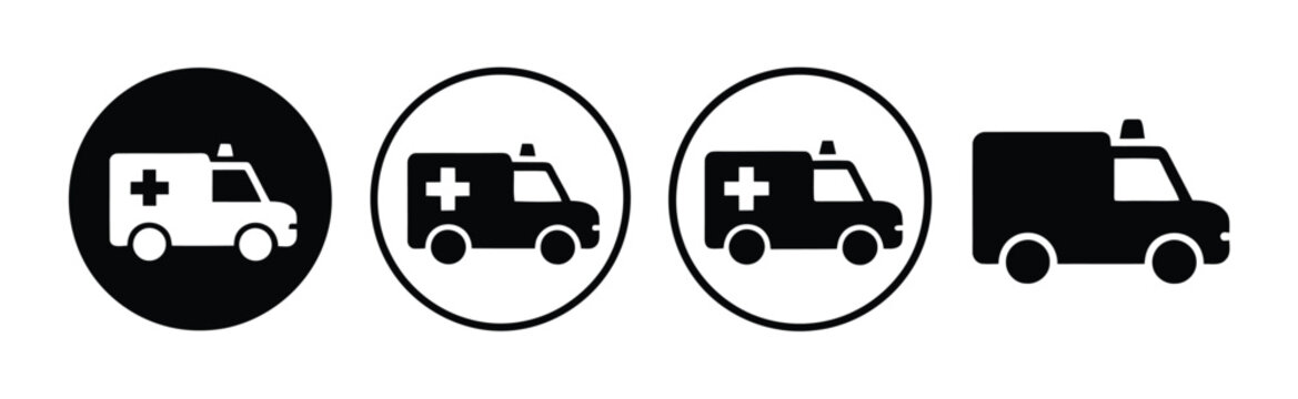 Ambulance icon vector featuring emergency medical truck, ambulance car sign and healthcare transport symbol, isolated design for rescue services, first aid, paramedic response, and hospital transporta