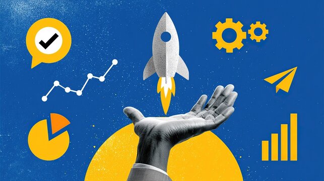 Vibrant two-tone high contrast illustration on solid blue background, grey human arm reaching upward from bright yellow circle, open palm supporting grey launching rocket with yellow flames, assorted 