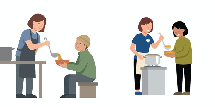 A flat design minimalist illustration of a volunteer pouring hot soup into a bowl for a survivor, simple shapes, no outline, pure white background.
