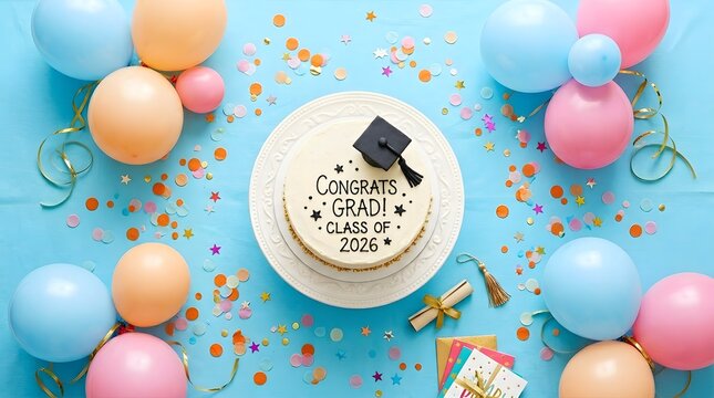 Graduation cake with mortarboard topper surrounded by balloons and confetti