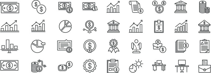 Fototapeta premium Financial business investment banking line icons set containing revenue charts profit statistics cash money accounting corporate growth elements