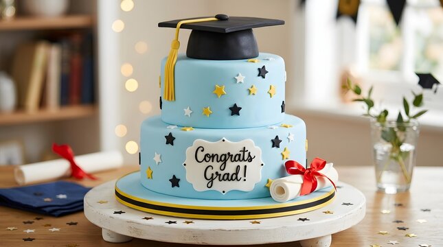 Twotier graduation cake with blue frosting, star decorations, and congrats grad sign