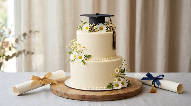 Twotier graduation cake decorated with daisies and a mortarboard topper