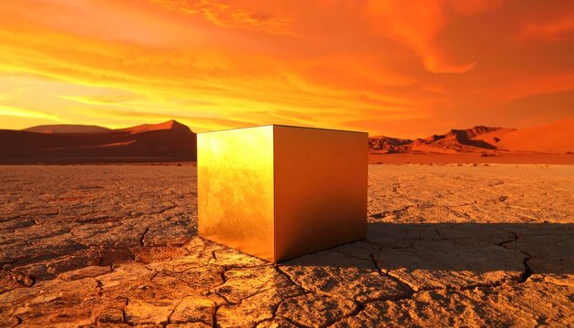 Golden cube in arid landscape under a fiery sky.