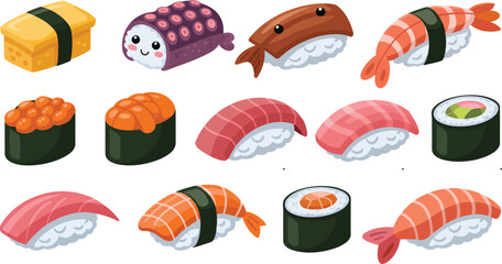 Set of cute cartoon sushi pieces with labels including nigiri and maki for menu design ideas © KhadizaAkter