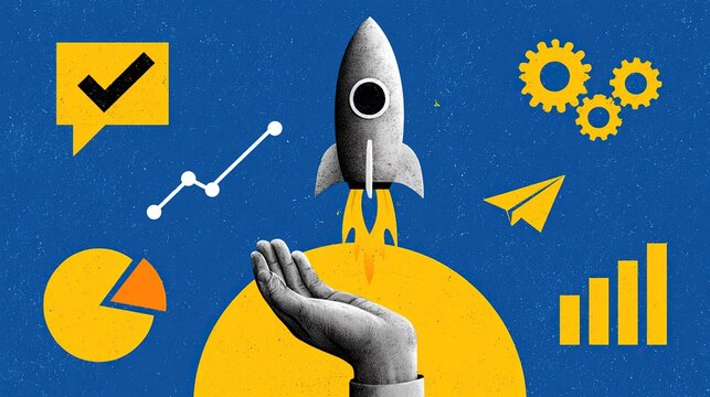 Vibrant two-tone high contrast illustration on solid blue background, grey human arm reaching upward from bright yellow circle, open palm supporting grey launching rocket with yellow flames, assorted 