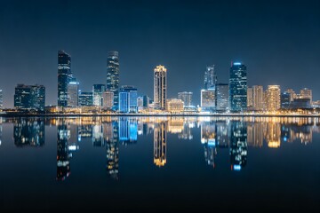 Obraz premium City Waterfront Night View Building Light Reflection