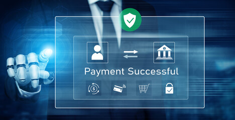 Fototapeta premium AI confirms secure payment transaction, verifying user identity, processing order, and authorizing completed digital payment within trusted financial systems. Vouch