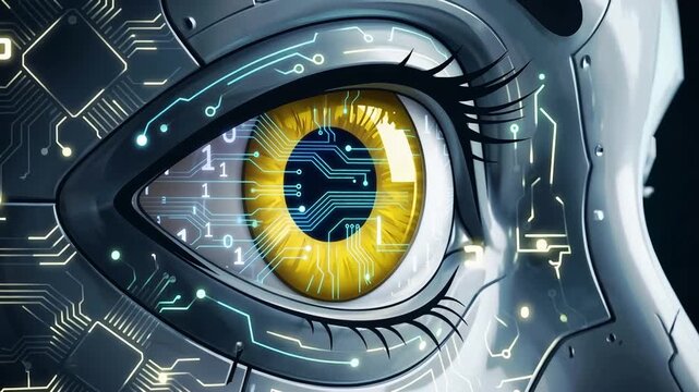 Human eye illuminated by glowing circuit patterns, symbolizing artificial intelligence, machine vision, digital innovation, 4K video
