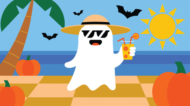 Playful ghost wearing sunglasses and a hat sips a drink on a sunny beach with pumpkins