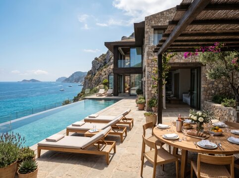 Luxury Mediterranean villa with infinity pool, stone coastal house with ocean view terrace, summer vacation rental with outdoor dining area and sun loungers