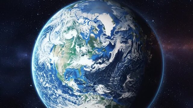 Rotating Earth globe in space with detailed landmasses, oceans, and atmospheric clouds against a starry night background