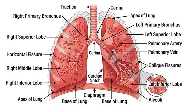 Detailed diagram of human lungs showing lobar anatomy and major airway