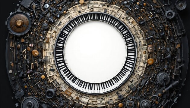 A futuristic mechanical device with a piano keyboard and various gadgets arranged in a circular pattern on a dark background with a large white circle in the center