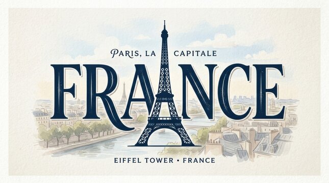 France travel poster with eiffel tower illustration and parisian skyline
