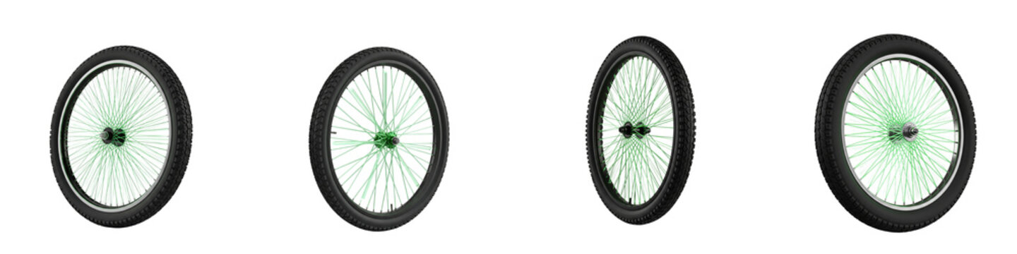 Four isolated bicycle wheels with green spokes on a black background