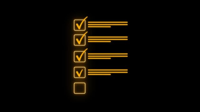 Neon checklist animation: digital task completion and to-do list progress task management glowing,4k video