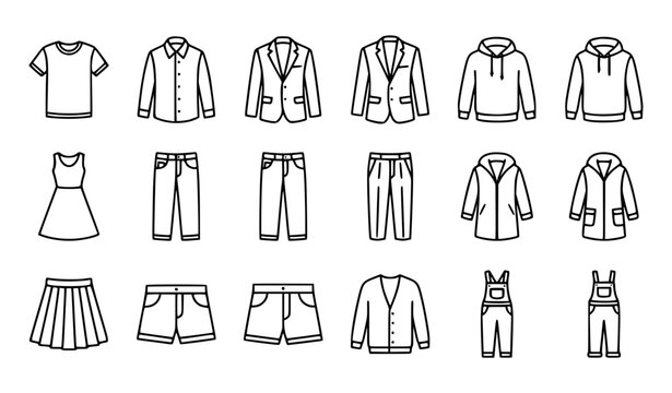 Fashion clothing icon set vector outline apparel icons featuring shirt dress skirt jacket pants socks and casual garment elements