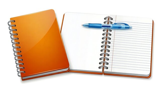 Open Notebook and Pen: An orange closed notebook lies beside an open spiral-bound notebook with a blue pen resting on its lined pages, ready for jotting down ideas or notes.