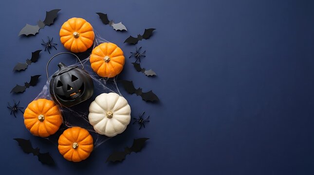 Halloween Pumpkin Patch Arrangement, Spooky Bat Garland, Cobweb Accents, Dark Blue Background, Festive Autumn Celebration Decor