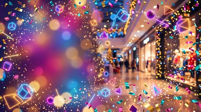 Festive celebration with confetti and bokeh lights in shopping area