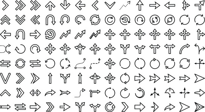 Arrow direction mega icon set vector outline collection of cursor pointer cycle loop curve navigation business diagram symbols.