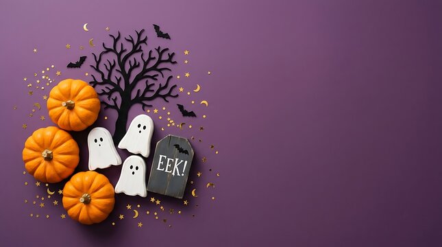 Spooky Halloween Flat Lay: Orange Pumpkins, Ghost Cookies, Eek Tombstone, Bat Silhouettes, and Glitter on Purple Background. Festive Autumn Holiday Celebration Decor.