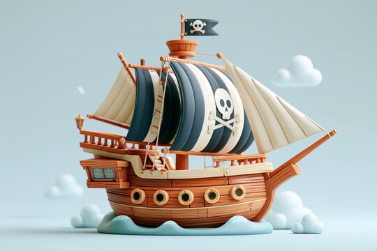 3D Pirate ship illustration. Wooden ship, sailing ship, wind sail boat pirate frigate warship longboat simple schooner nave, traditional ancient sailboat sea galleon, ingenious vector 3D cartoon boat