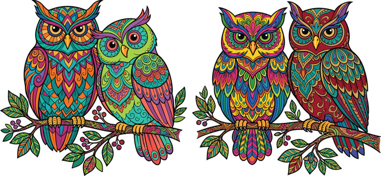 Colorful mandala art owls sitting on tree branches vectorColorful mandala art owls sitting on tree branches vector