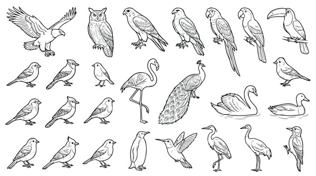 Minimalist bird line art collection, set of 25 avian vector icons, hand drawn wild bird sketches for coloring books and nature logos