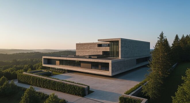 Aerail Full Perspective View of a Modern Minimalist Concrete Mansion Nestled Within Forrest Terrain