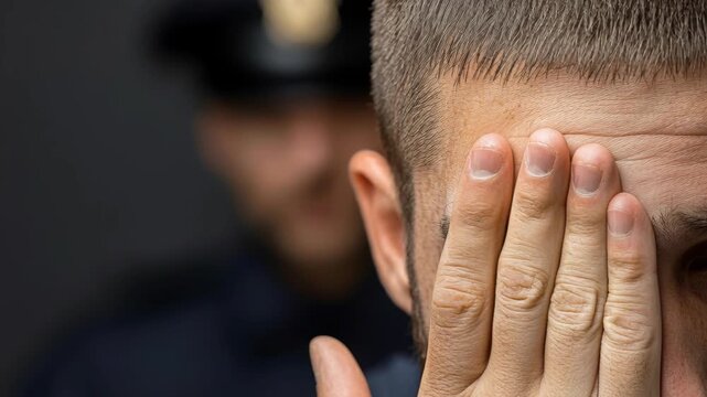 A close-up of a distressed man covering his eyes while a blurred police officer stands behind him.