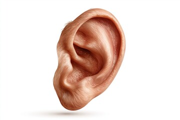 Fototapeta premium Realistic human ear isolated on white background. Human ear organ hearing health care closeup 3d realistic isolated icon design vector illustration