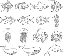 Obraz premium Diverse illustrations of marine creatures and sea life from various ocean habitats Vector