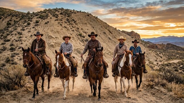 "Five cowboys riding horses toward the camera on a dusty desert trail during a golden sunset. They wear traditional western attire, including wide-brimmed hats and leather chaps. Warm light illuminate