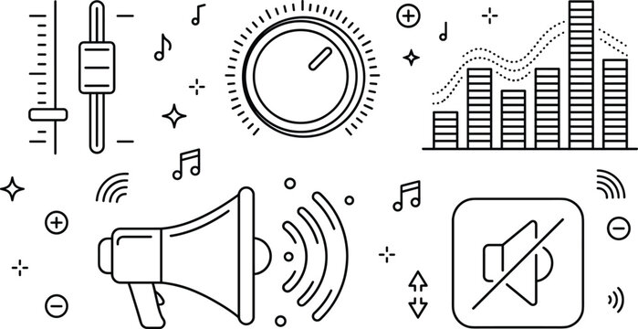 Audio sound control icon set vector outline collection of volume slider knob equalizer megaphone mute notification music element.