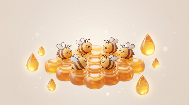 Cute cartoon bees gathering honey on honeycomb background  