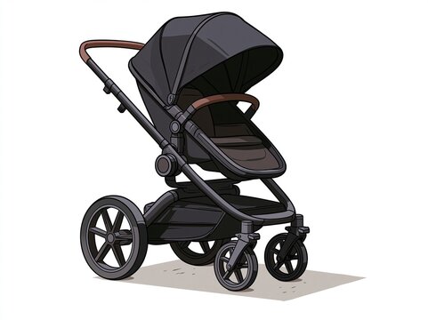 Baby stroller, illustration, vector on a white background. Modern, practical baby stroller for carrying a child in a sitting position, black. Baby stroller in a flat cartoon style.