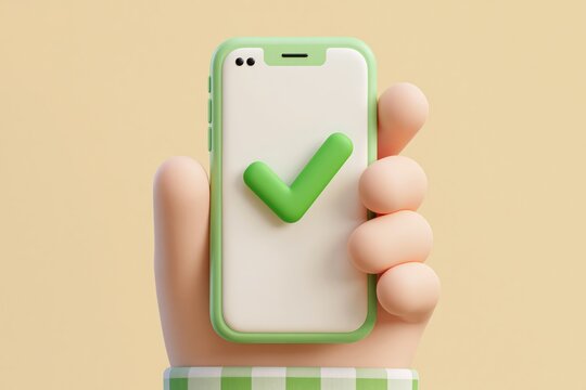 3d cute Hand holds smartphone and set a check mark on the screen. Vector illustration. Green check mark icon. Tick symbol in green color. Modern mockup. Vector illustration 3D icon free to edit.